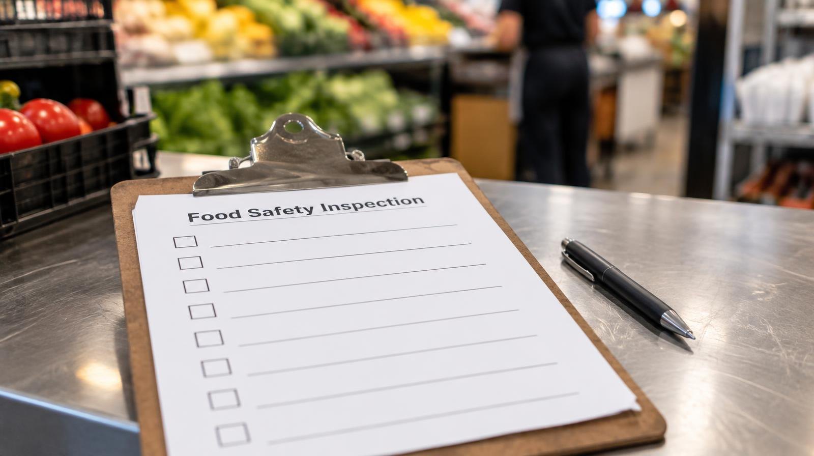 A clipboard with a checklist and pen resting on a counter.