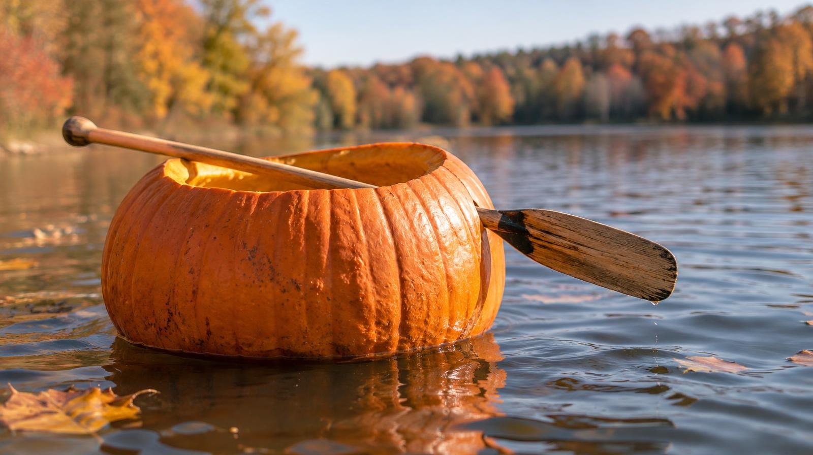 A large orange hollowed pumpkin floating on water with a wooden paddle across it.