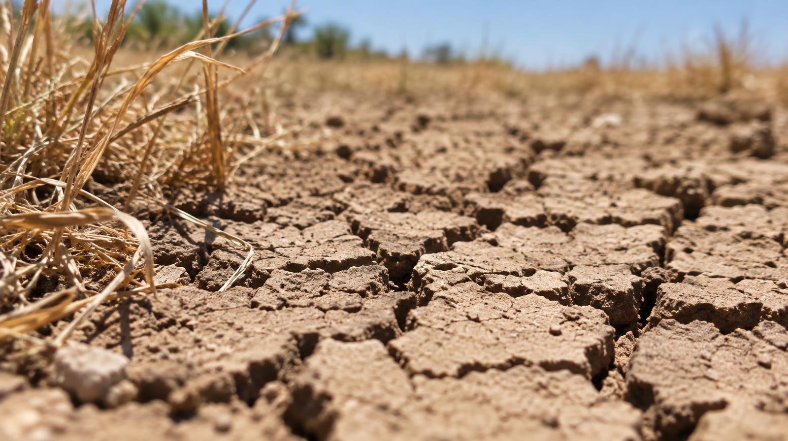 Deeply cracked dry soil with withered brown grass blades at the edges.