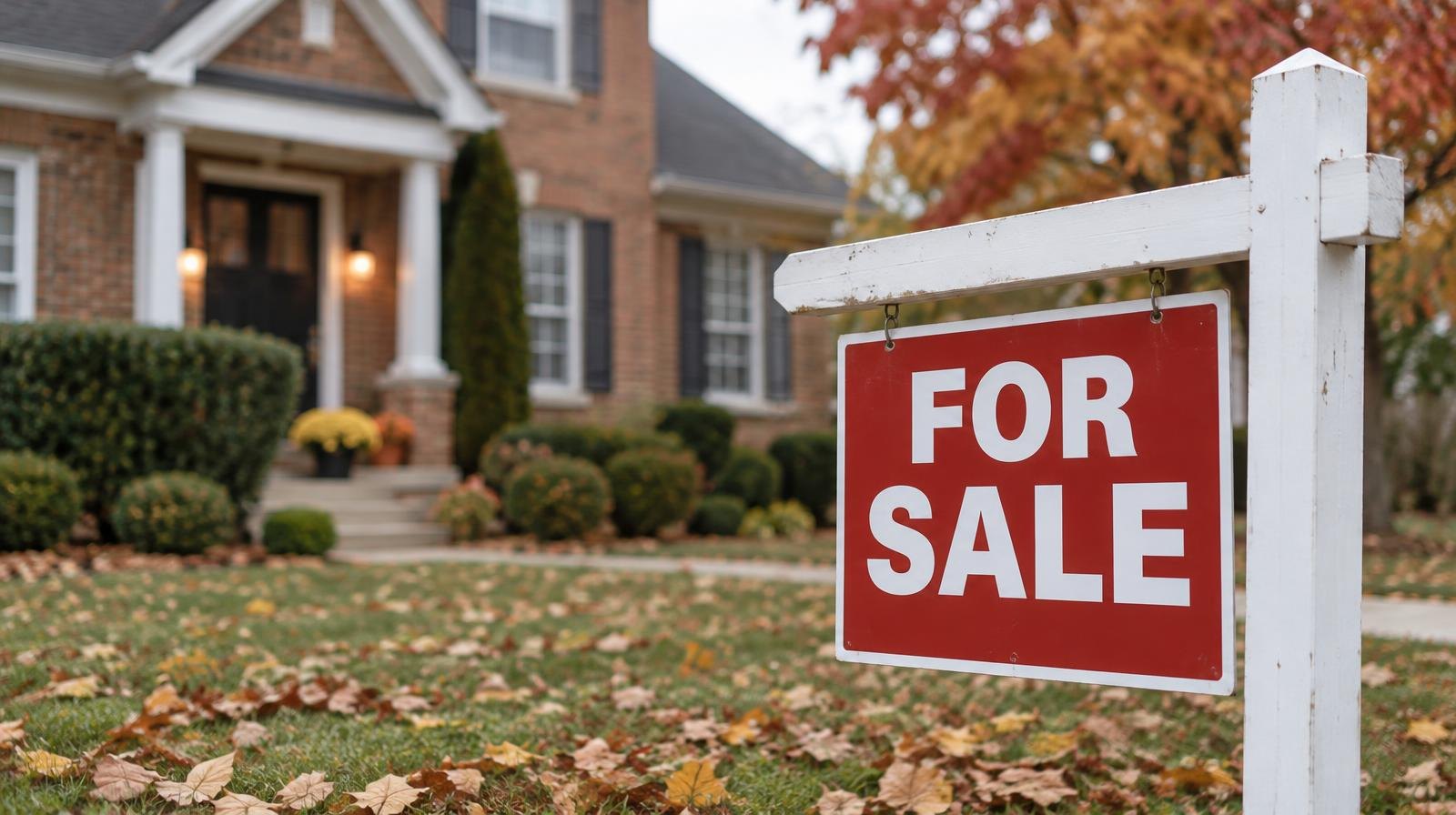 A For Sale sign planted in the front lawn of a brick suburban home.