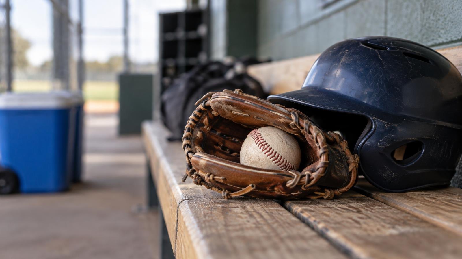 Baseball glove, ball, and batting helmet resting on a wooden dugout bench.