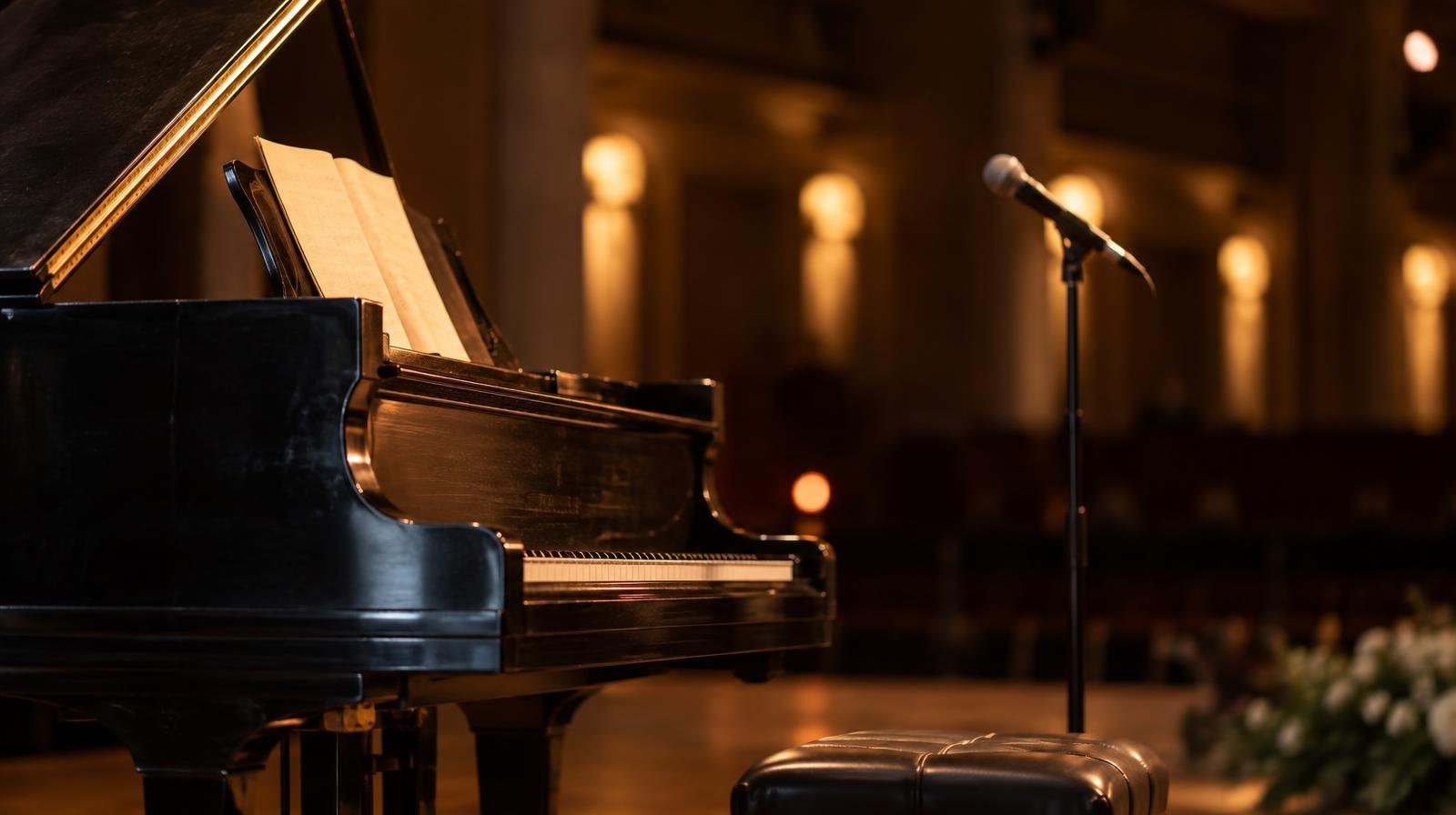 A grand piano on a concert stage under warm amber spotlights.