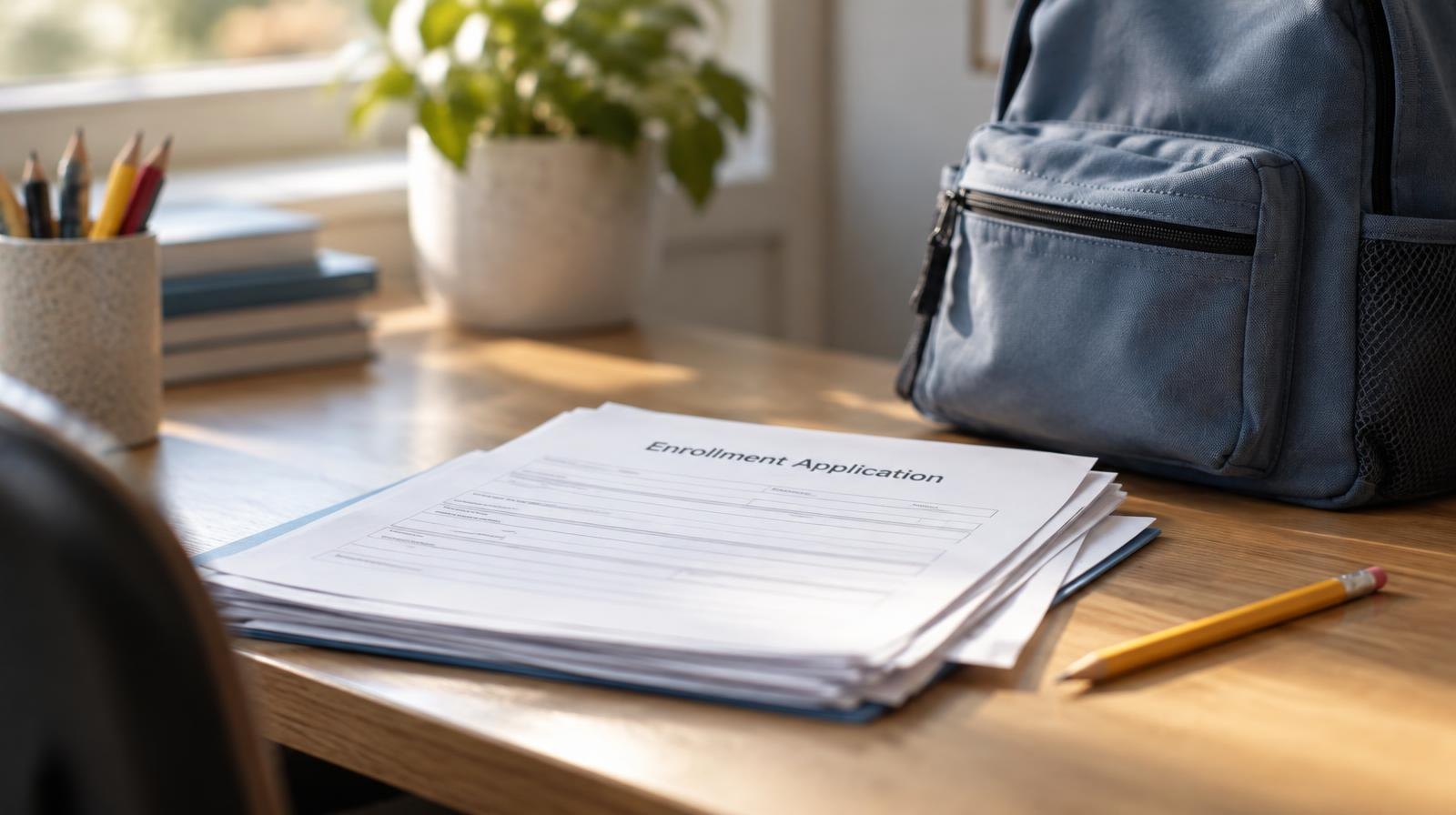 Stack of papers and a pencil on a desk beside a small backpack.