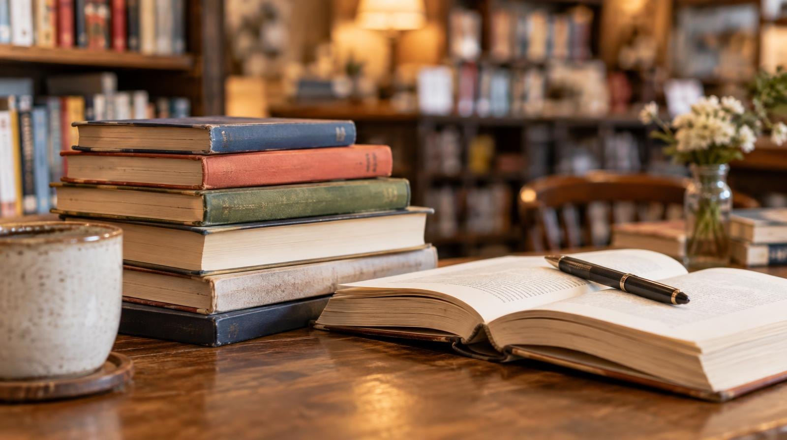 Stack of colorful books beside an open book with a pen on a wooden table.