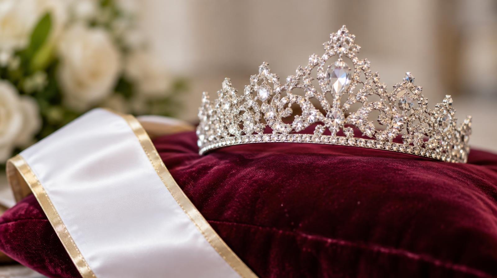 A sparkling rhinestone tiara resting on a velvet cushion beside a sash ribbon.
