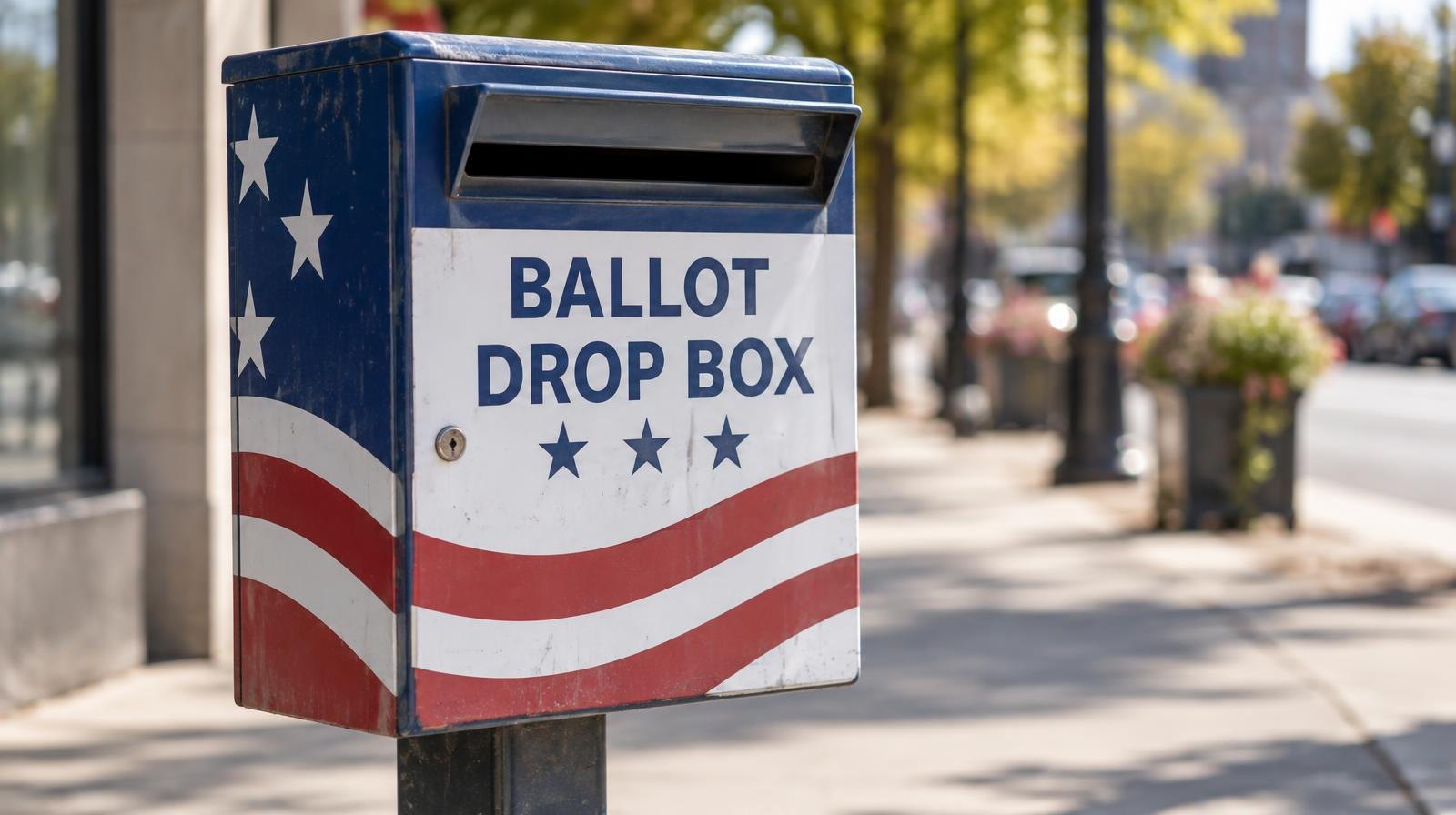 An election ballot drop box with red, white, and blue graphics on a sunny sidewalk.