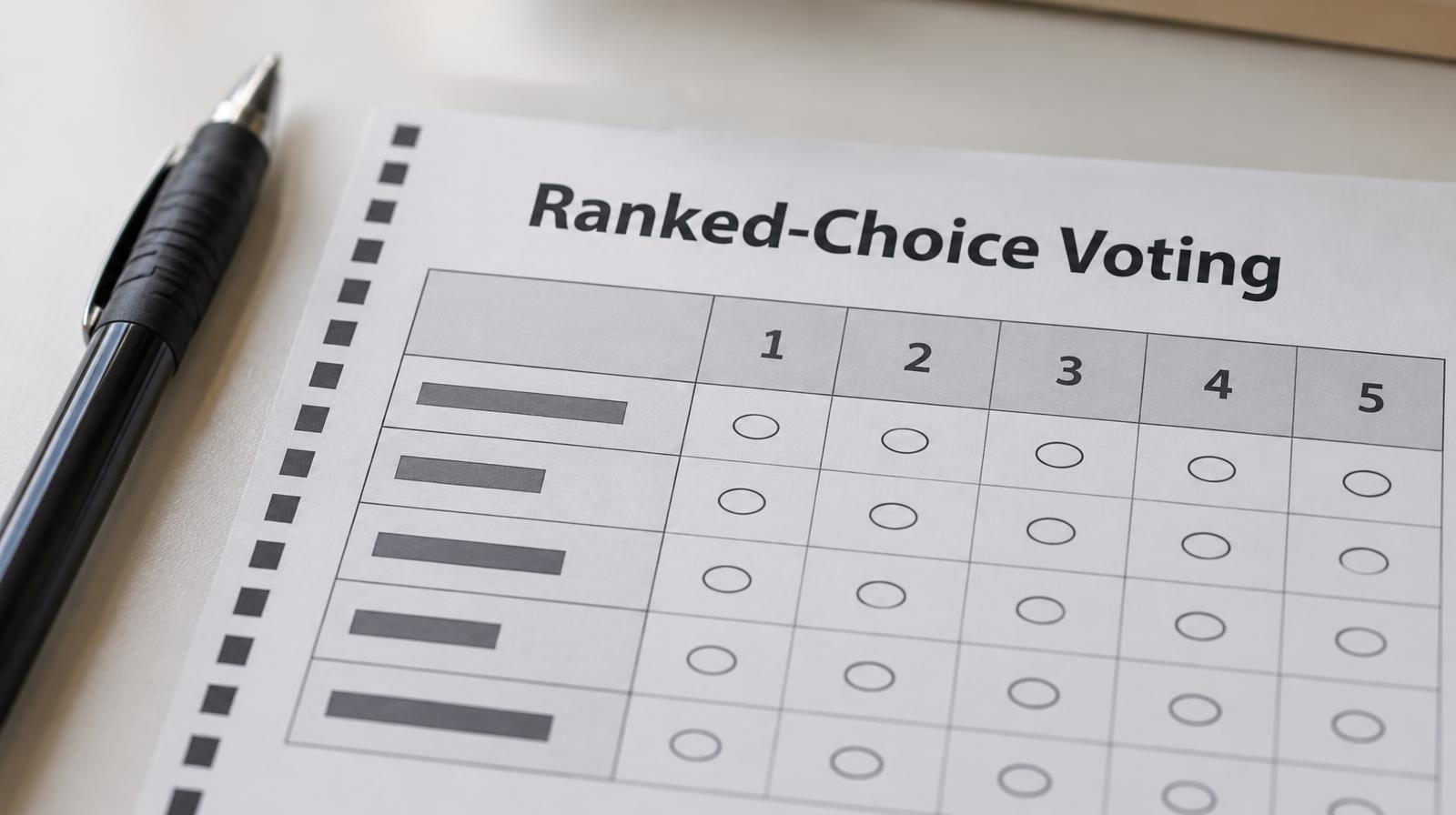 A ranked-choice voting ballot with numbered columns and oval bubbles lies beside a pen.