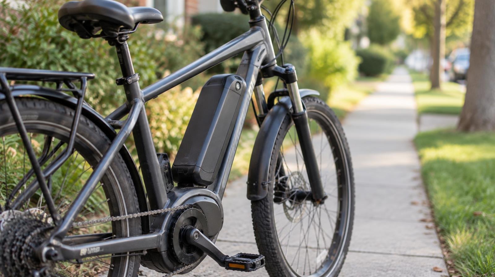 An electric bicycle with a frame-mounted battery parked on a sidewalk.