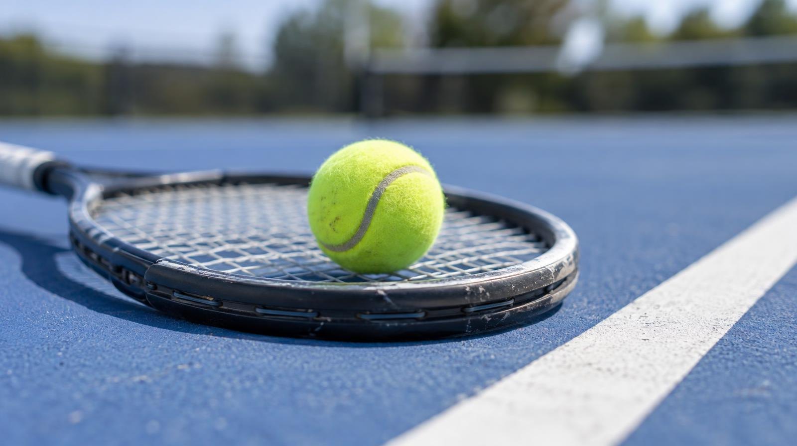 Yellow tennis ball resting on the strings of a tennis racket on a blue hard court.
