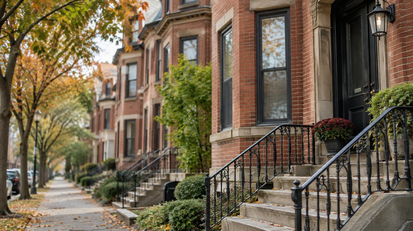 Row of brick residential buildings with bay windows and front stoops on a tree-lined street.