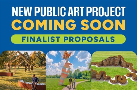 Promotional graphic showing three side-by-side renderings of outdoor sculpture finalists in a park setting.