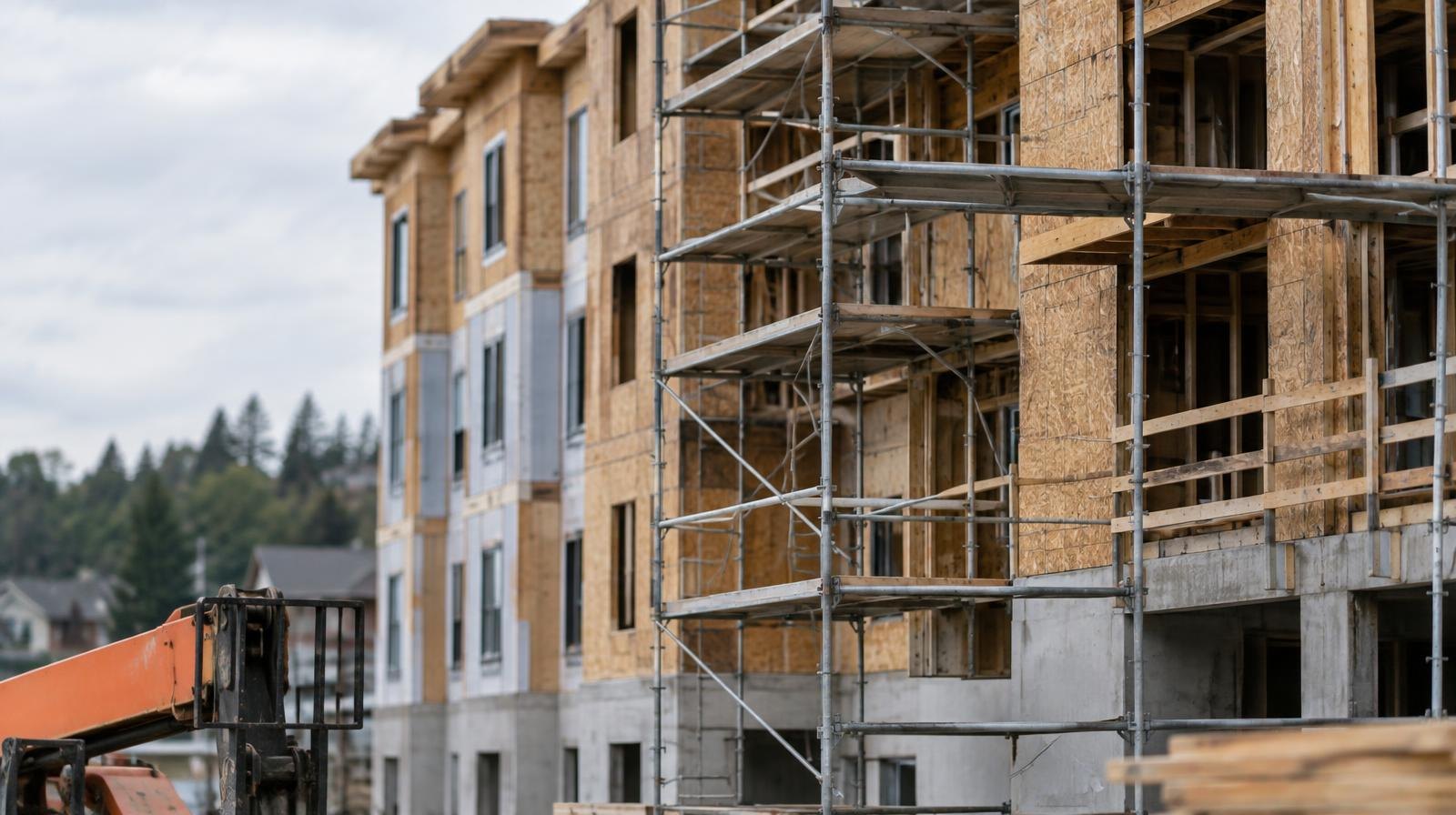 Multi-story apartment building under construction with scaffolding visible.