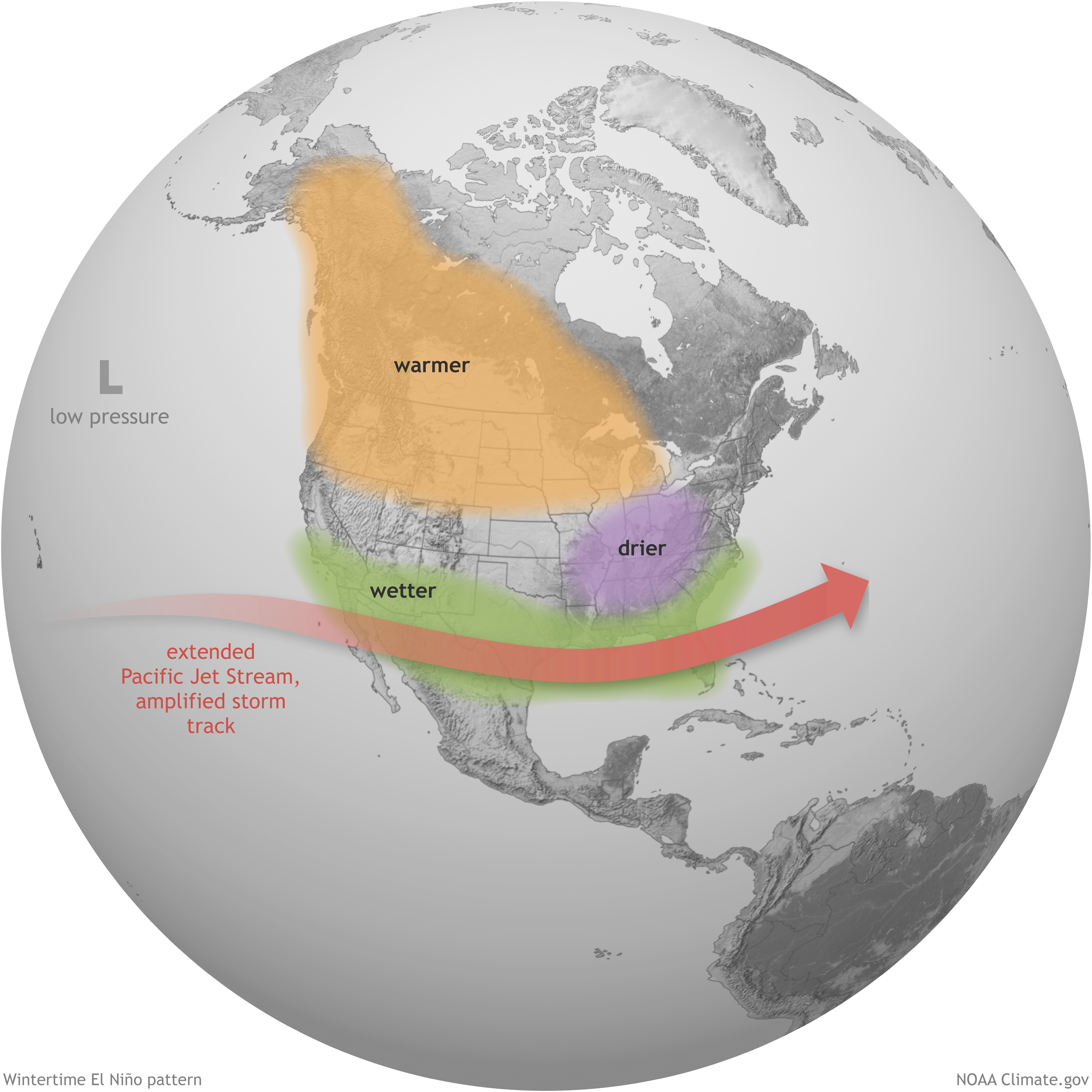 Map of North America showing El Niño winter pattern with green wetter zone across southern U.S.