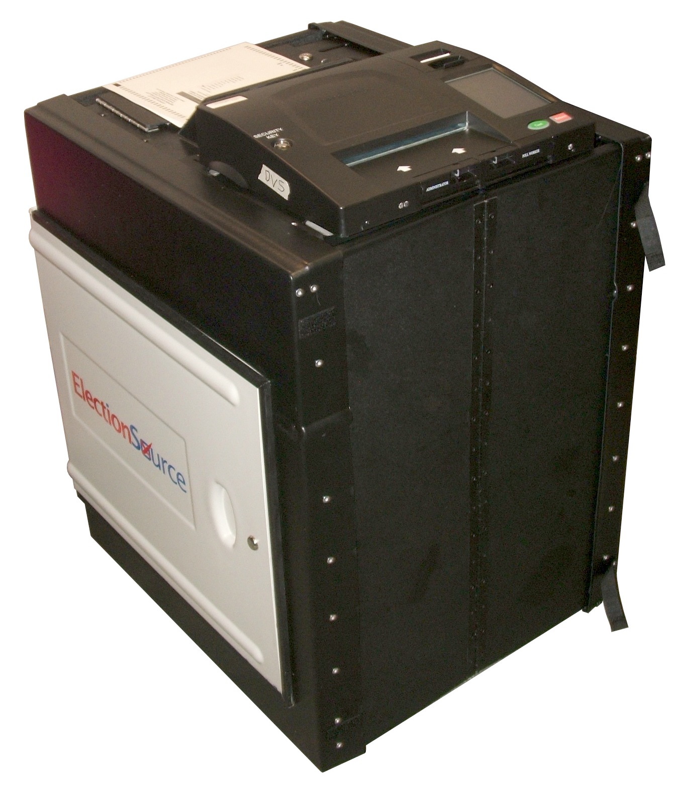 A black optical-scan voting machine mounted on a collapsible ballot box.
