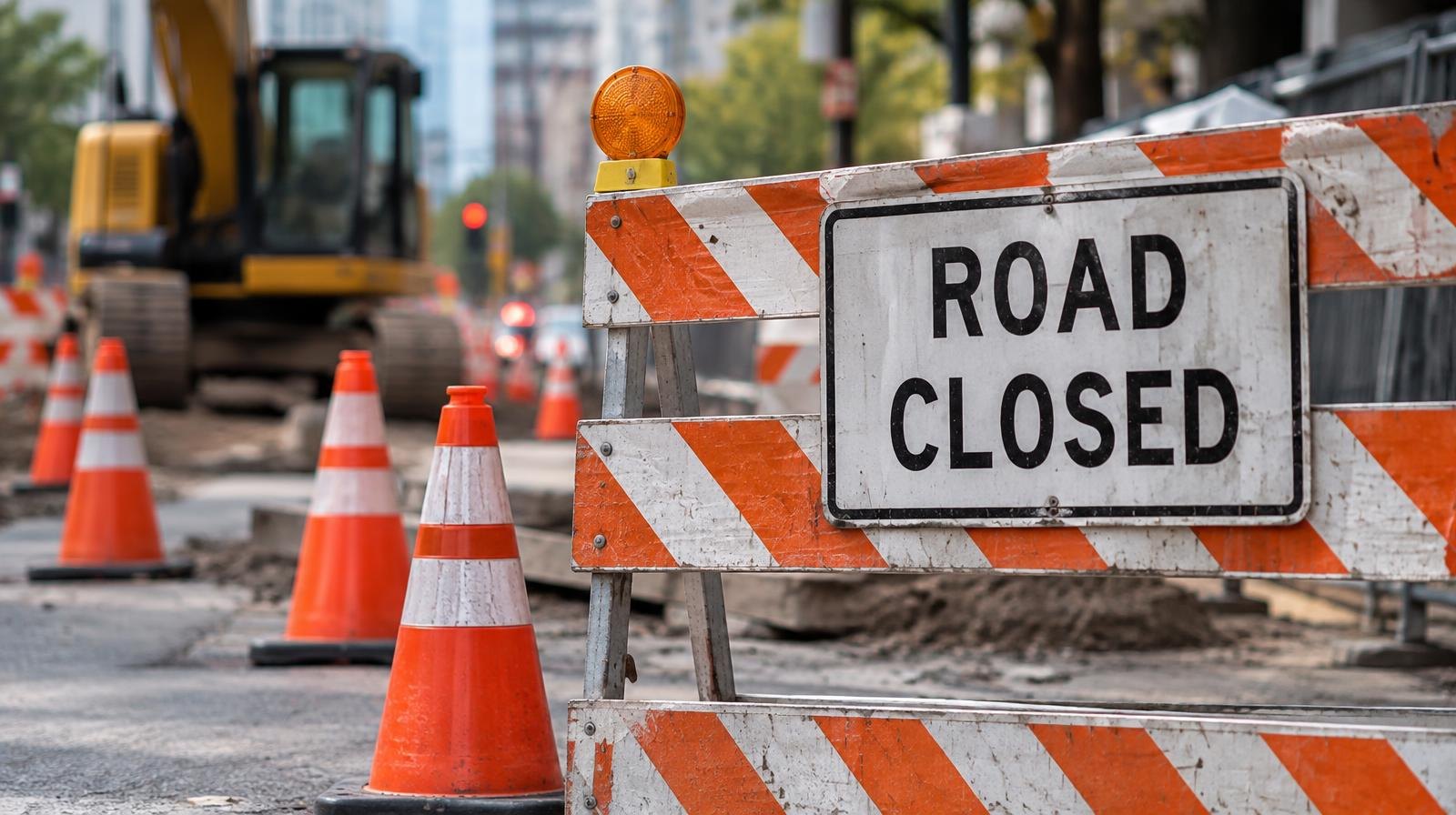 Orange barricades and traffic cones blocking a downtown city street.