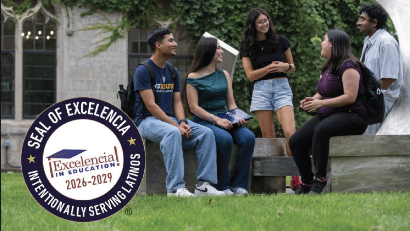 Students gathered outdoors on a campus with a Seal of Excelencia badge overlaid.