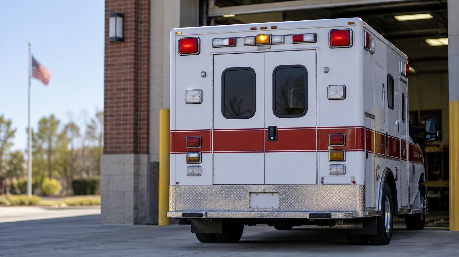 An ambulance with emergency lights parked outside a fire station bay.