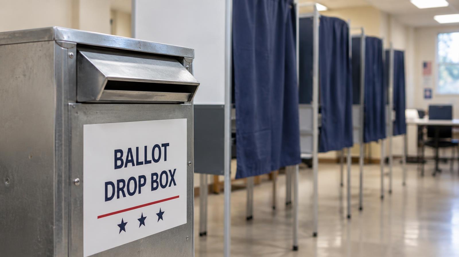 A row of voting booths with privacy curtains inside a polling place.
