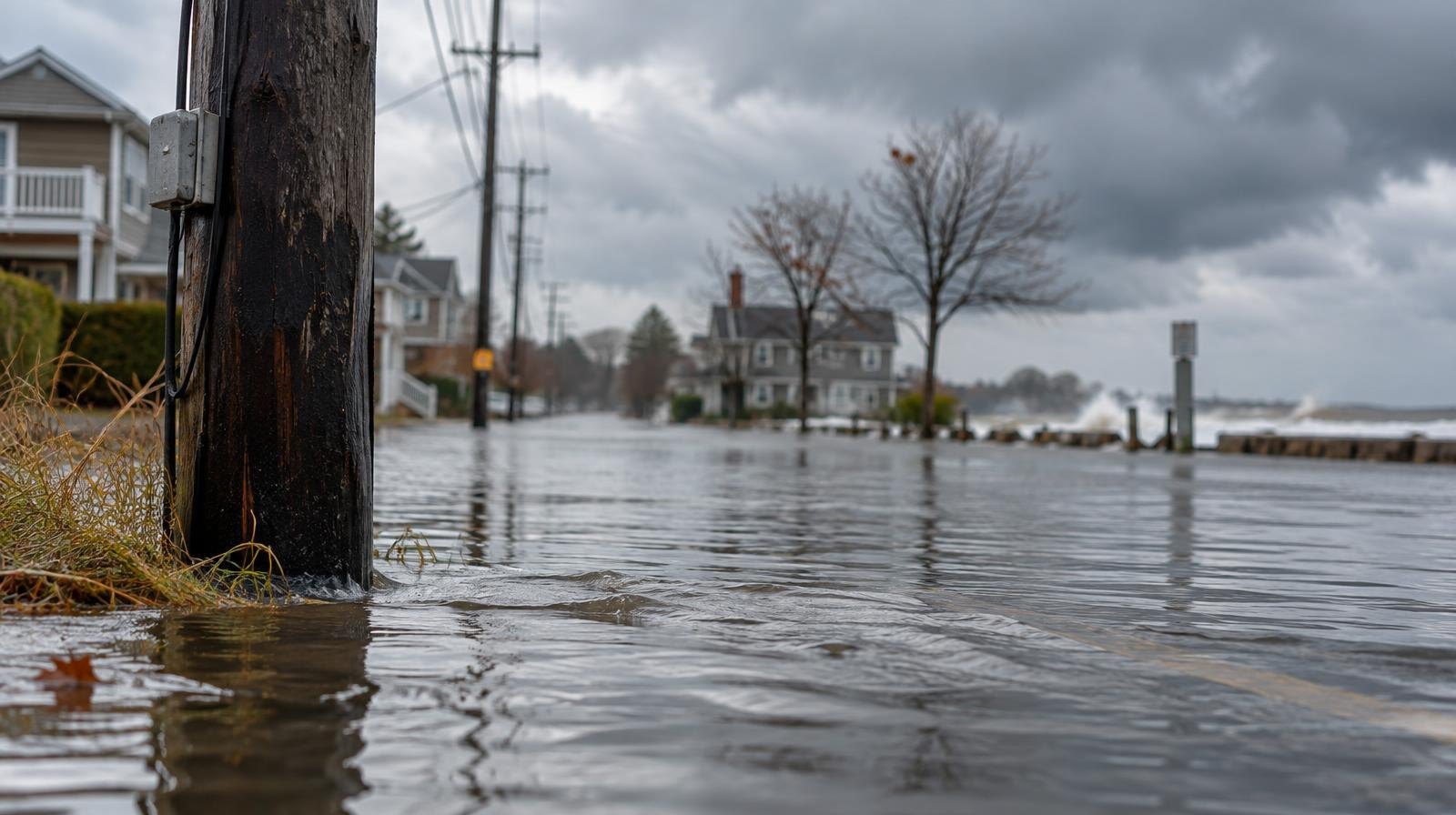Flooded road with standing water, a utility pole, and overcast storm clouds above.