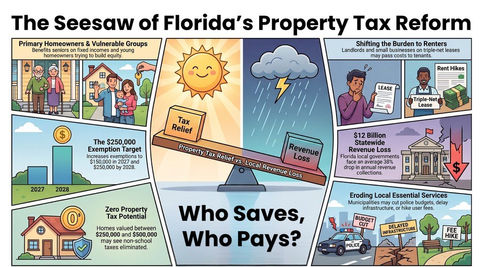 Comic-style infographic showing a seesaw balancing tax relief against revenue loss under Florida's property tax reform proposal.