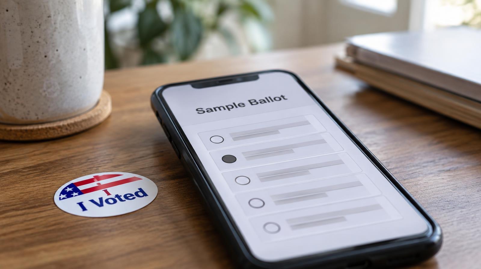 A smartphone showing a ballot on its screen resting next to an I Voted sticker.