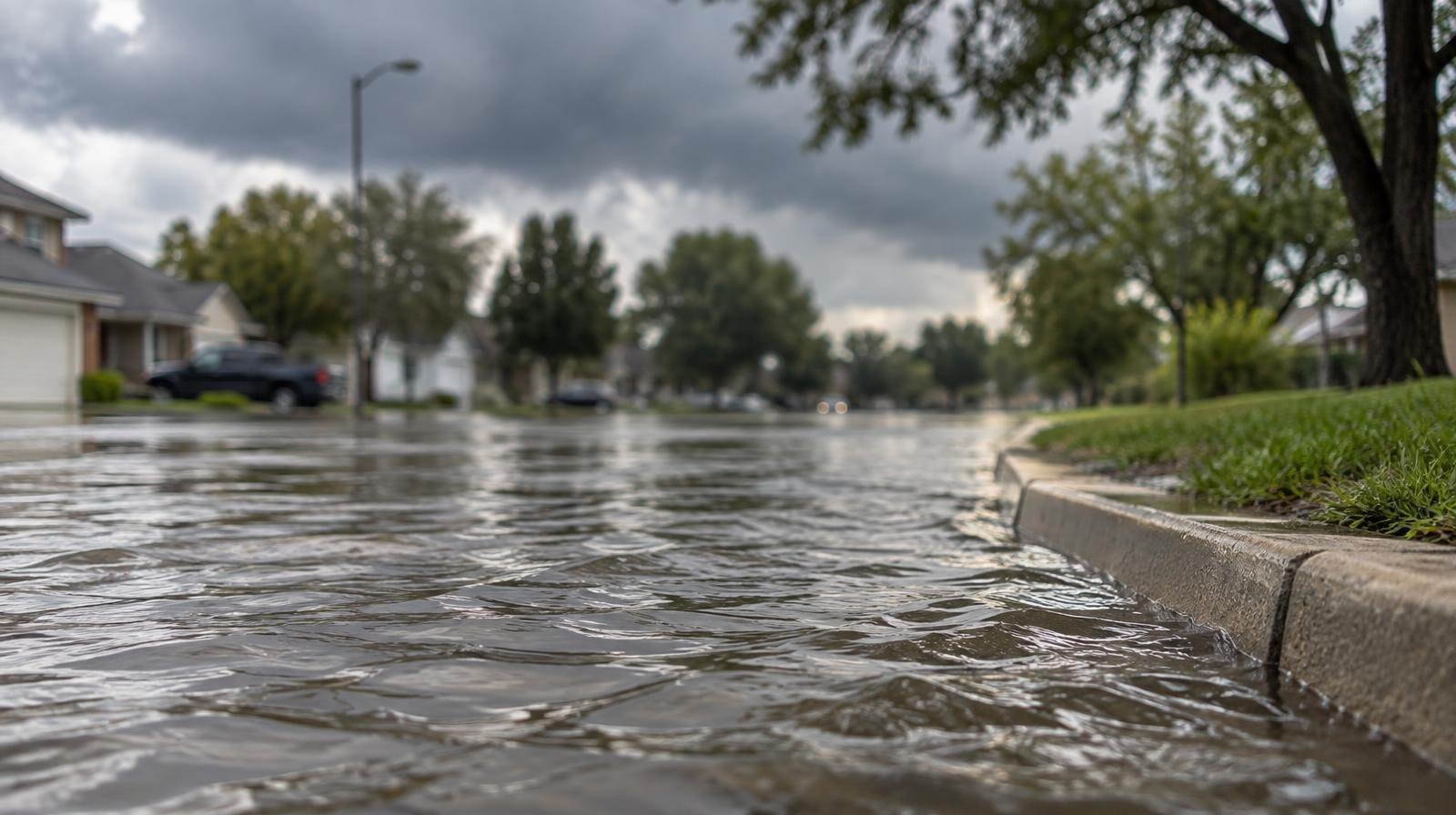 Floodwater covers a suburban street surface under a dark, overcast sky.