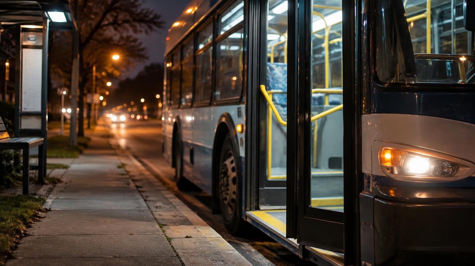 A public transit bus stopped at night with its doors open at a roadside stop.