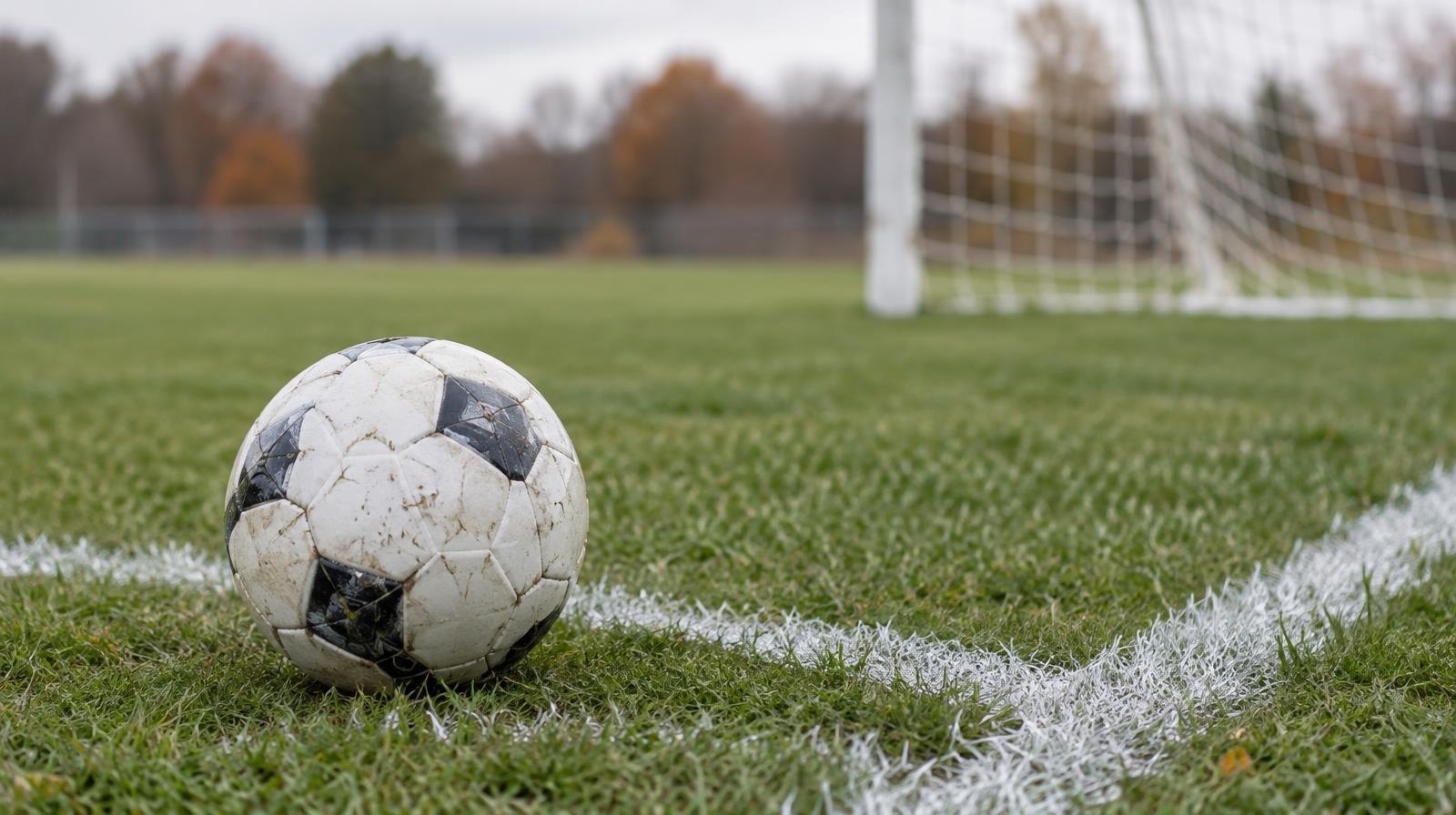 A white soccer ball on a green grass field near a corner arc with a goal net in the background.