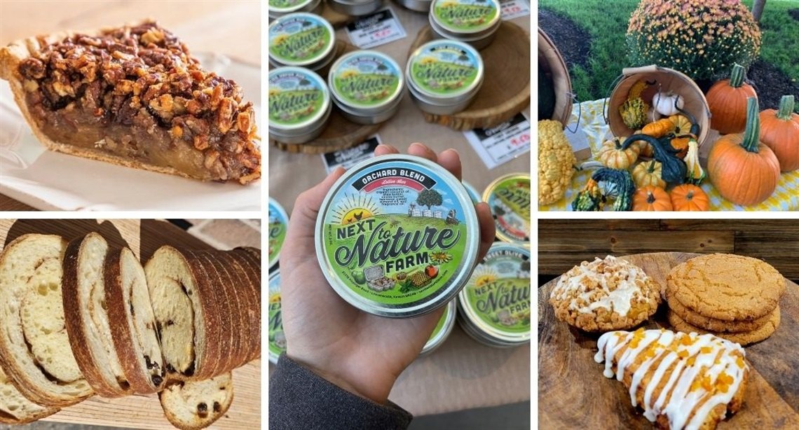 Collage of six images showing pecan pie, sliced bread, glazed cookies, fall gourds, pumpkins, mums, and a small product tin.