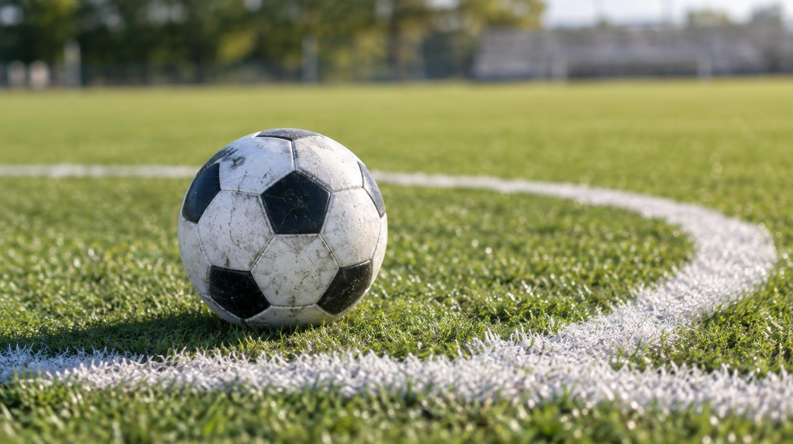 A soccer ball resting on the center circle of a green grass field with white painted lines.