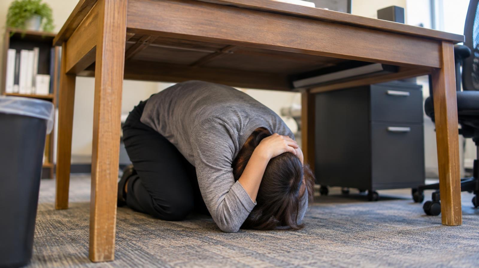 Person crouched under a wooden desk with arms covering the back of their head and neck.