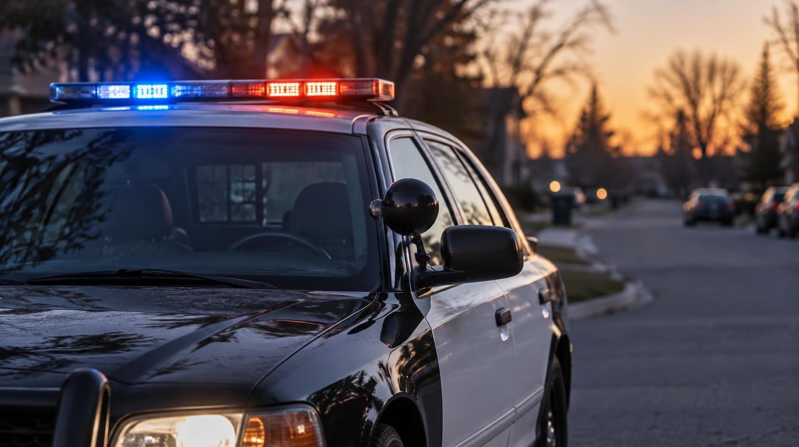 Police cruiser with red and blue roof lights illuminated on a suburban street at dusk.