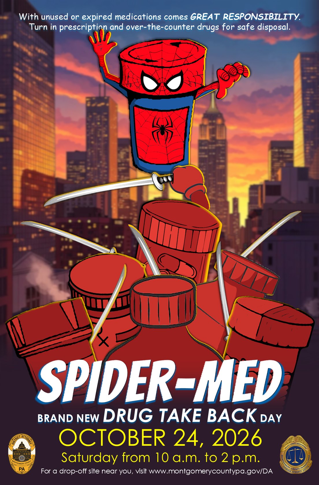 Promotional poster for Drug Take Back Day featuring a cartoon medication bottle character.