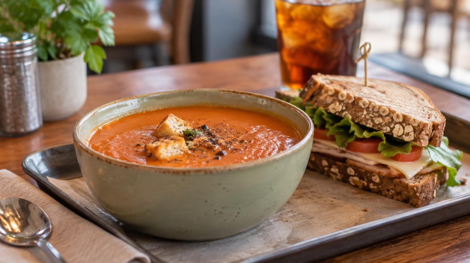 Bowl of tomato soup and a half sandwich on a café tray.