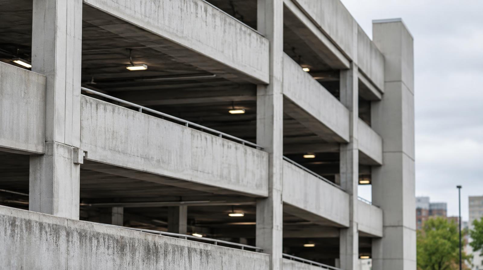 Multi-level concrete parking garage exterior with open bays and a visible ramp.