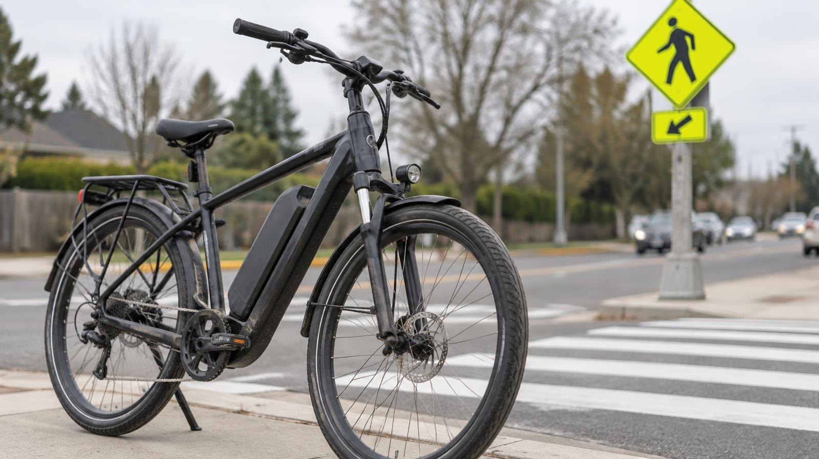 Black electric bicycle parked next to a painted white crosswalk with a yellow pedestrian sign nearby.