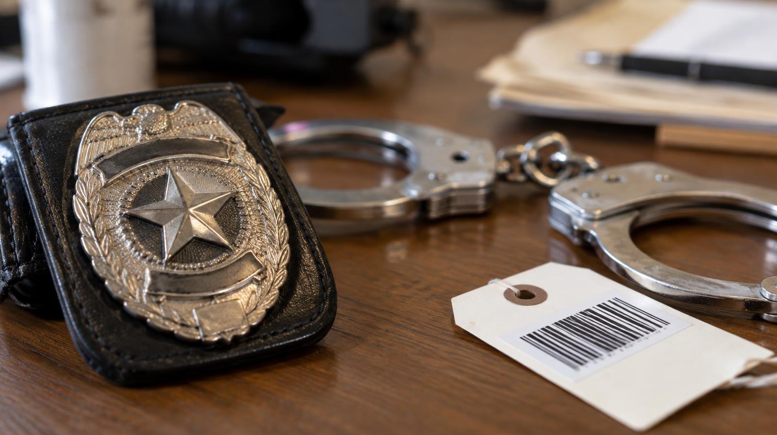 A police badge and handcuffs on a wooden surface next to a retail barcode sticker.