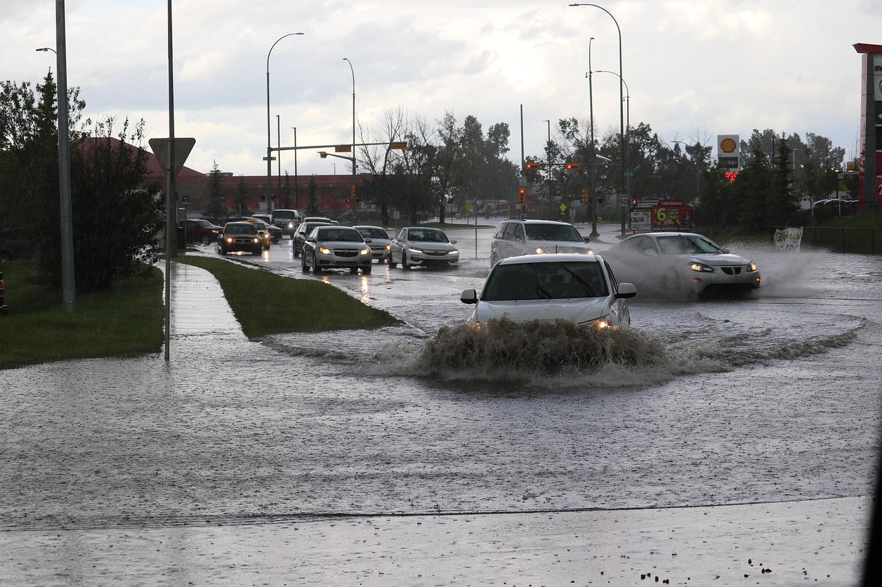 Flooded, nature, road, flood, flooding, storm, rain, water, wet, thunderstorm, city