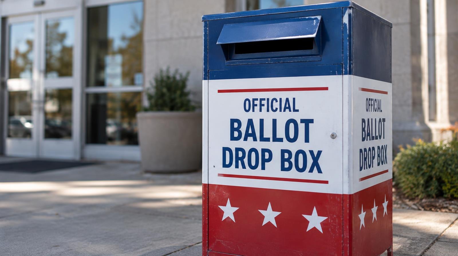 A red, white, and blue ballot drop box standing on a sidewalk outside a building entrance.