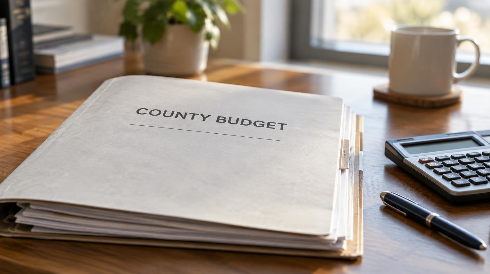 A budget folder, calculator, and pen resting on a wooden desk.