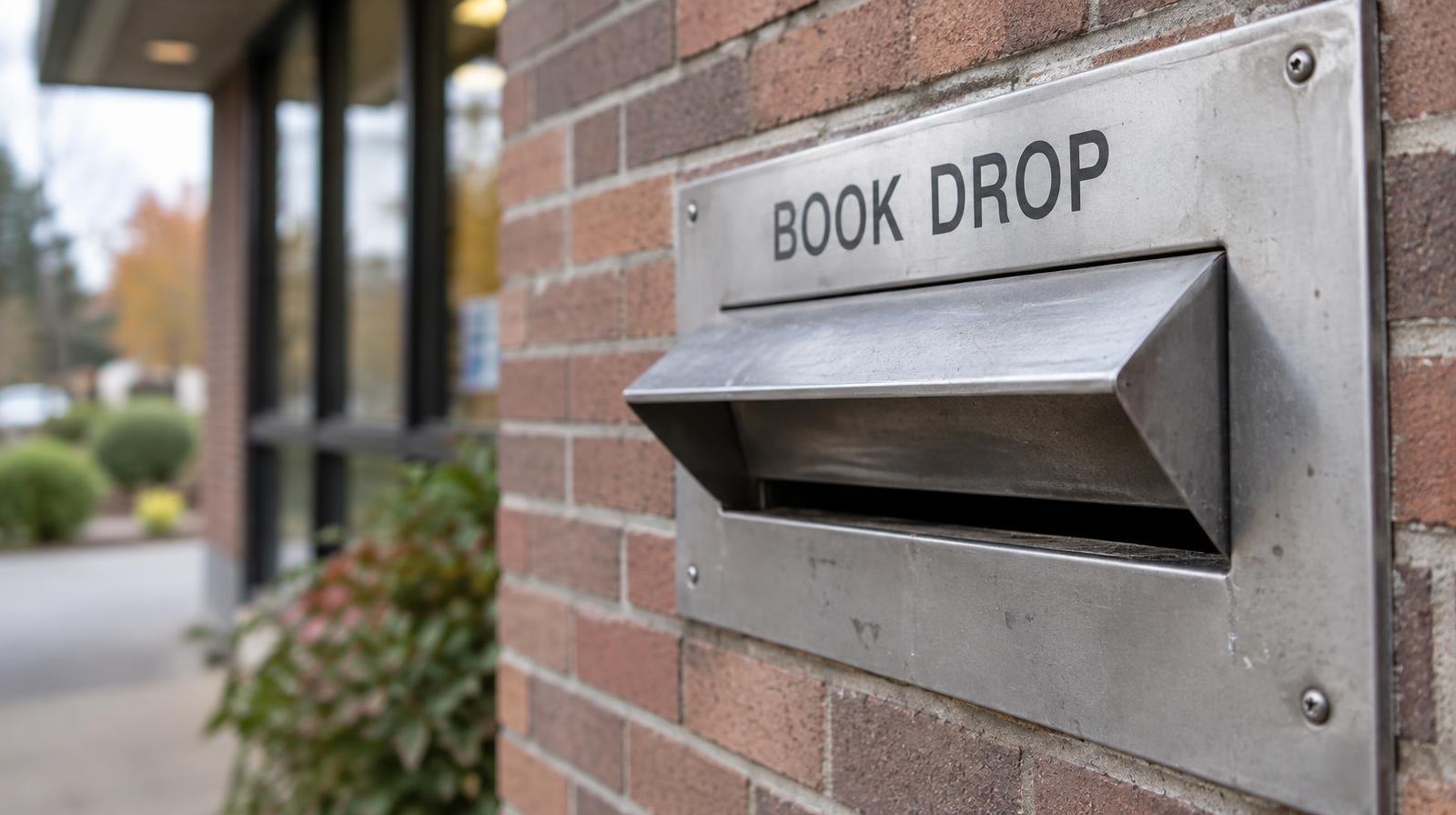A metal book return slot set into a brick library wall.