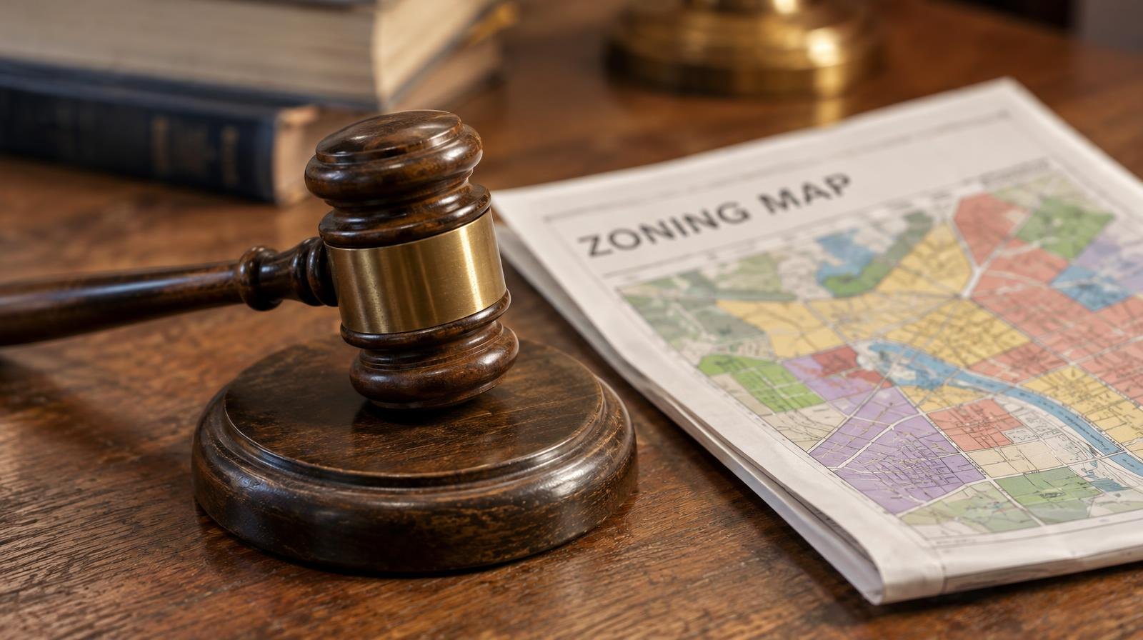 Wooden gavel on its sound block next to a folded map on a table.