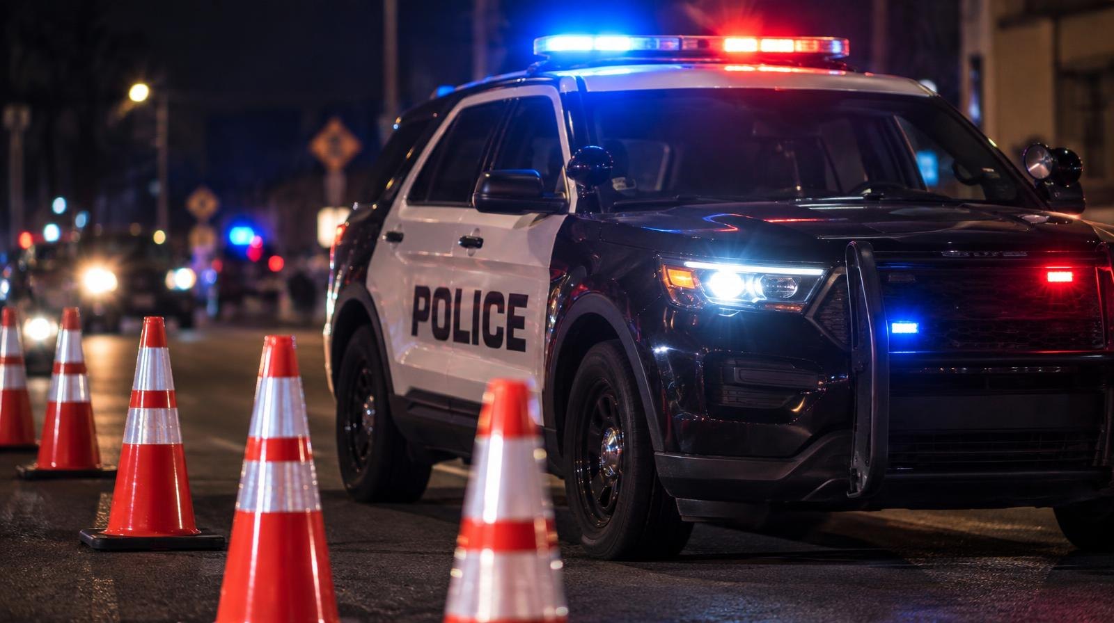 Police SUV with red and blue lights on, parked at night beside orange traffic cones.