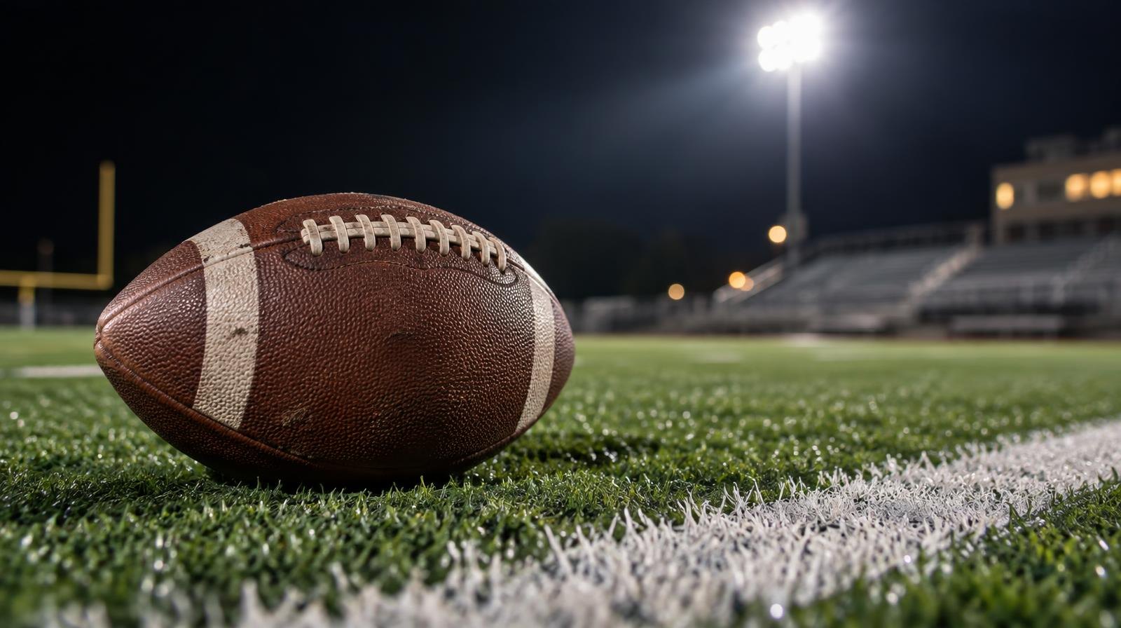 An American football on green turf beside a white yard line under bright stadium lights.