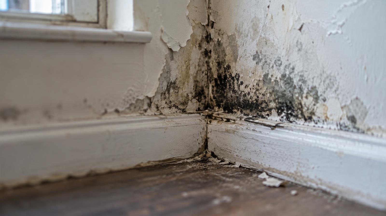 Black mold and peeling paint on a water-damaged interior wall corner near a baseboard.