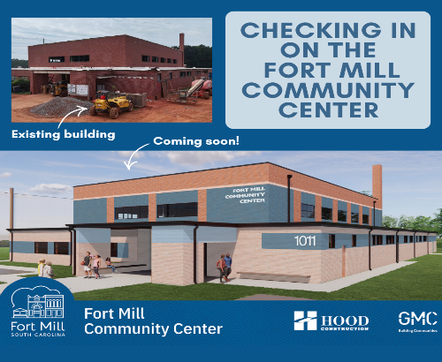 Promotional graphic showing a building under construction next to an architectural rendering of a renovated facility.