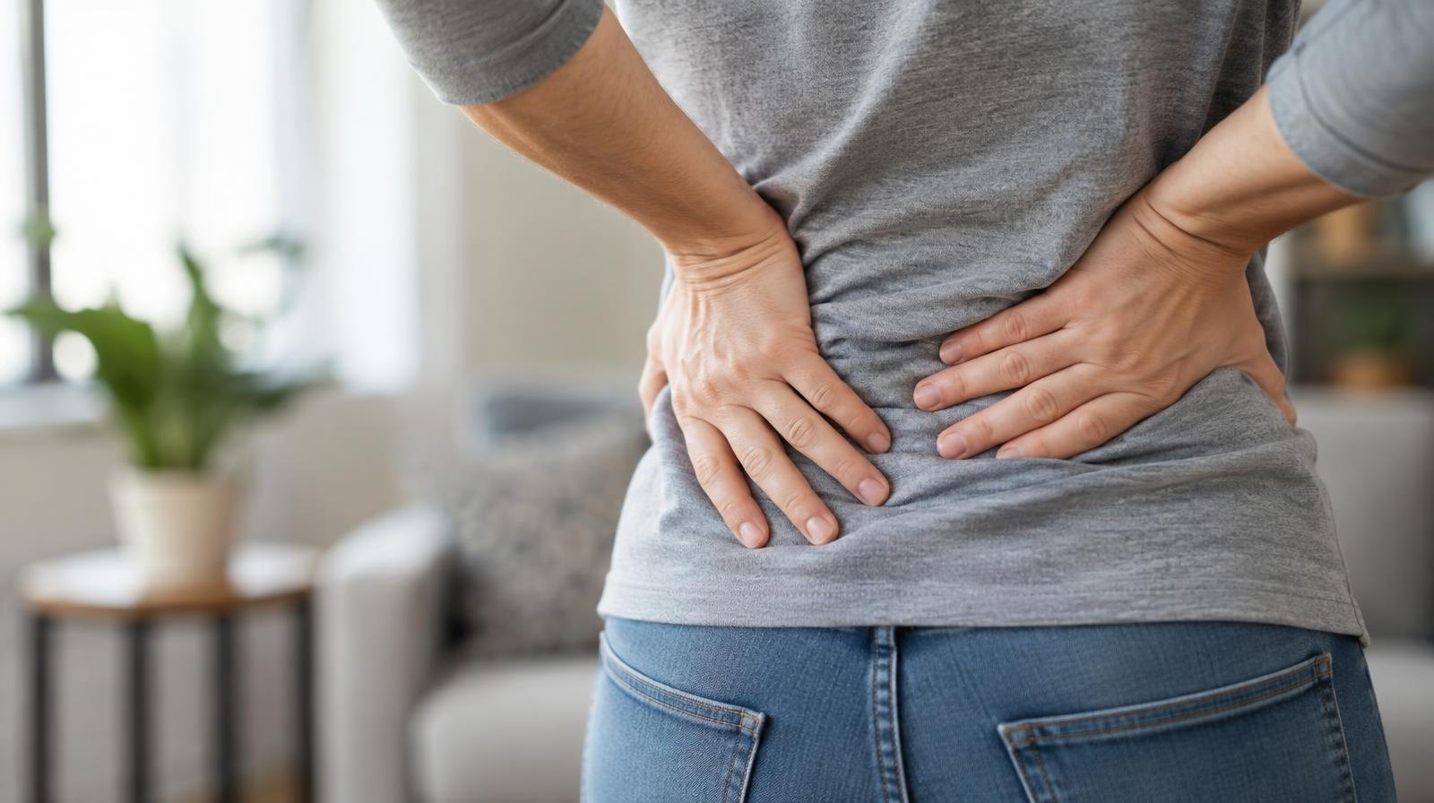 Hands gently pressing against a person's lower back.