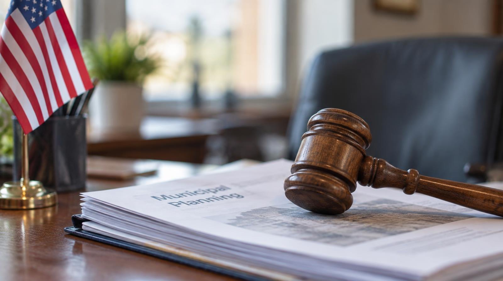 Wooden gavel resting on stacked documents beside a small flag.