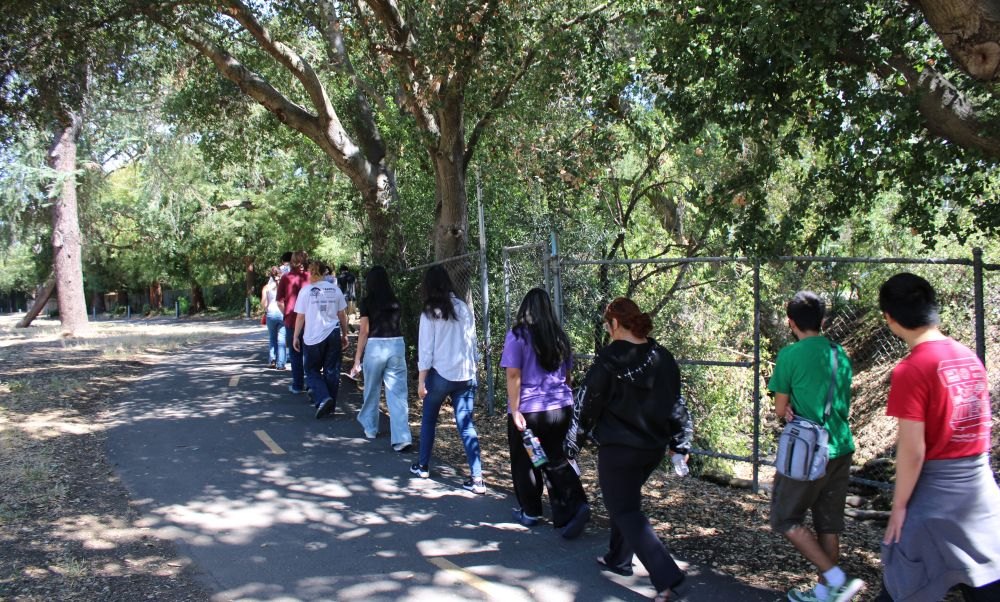 Teenagers walking single-file along a shaded tree-lined paved path outdoors.