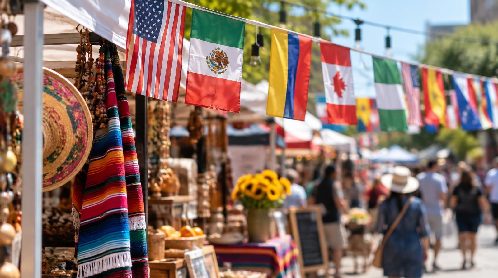 Colorful international flags hanging over a festive outdoor street market with vendor booths.